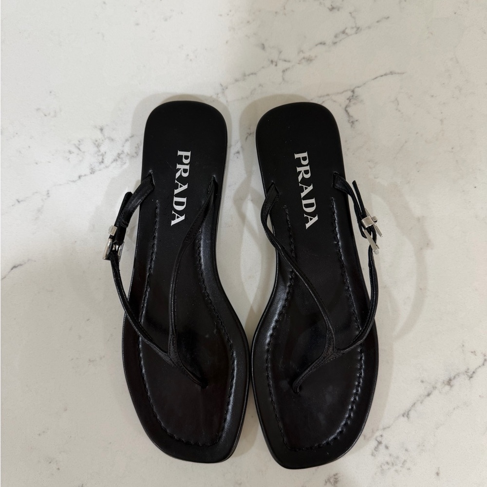 Prada Black Thong Sandals with Silver Logo Charm - Picture 6 of 6
